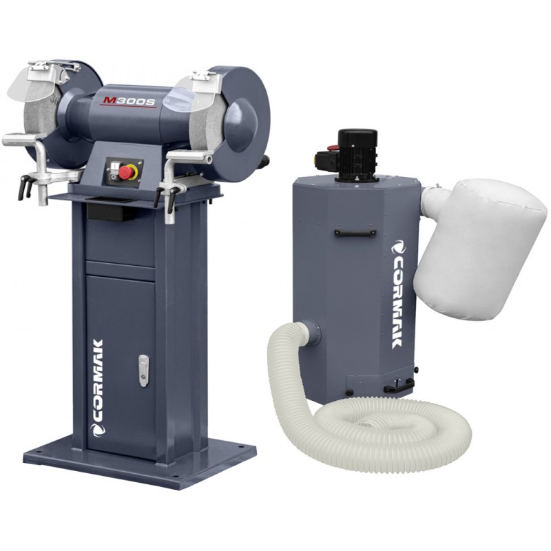 Lixadeira industrial de dois discos CORMAK M300S com base e sistema de aspiração de aparas e limalhas de metal MDC750 400 V