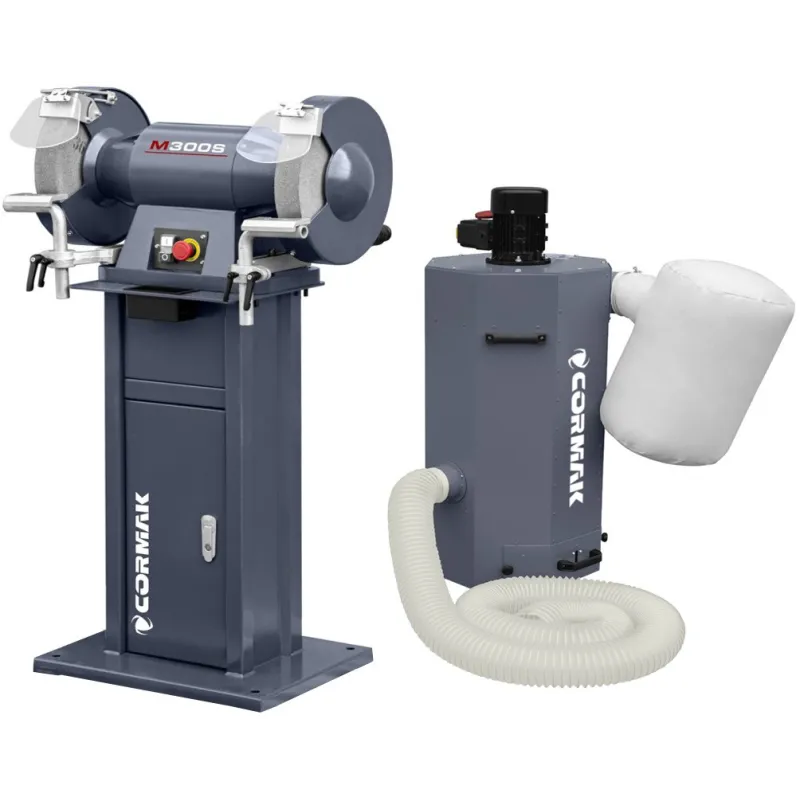 Lixadeira industrial de dois discos CORMAK M300S com base e sistema de aspiração de aparas e limalhas de metal MDC750 400 V