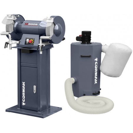 Lixadeira industrial de dois discos CORMAK M300S com base e sistema de aspiração de aparas e limalhas de metal MDC750 400 V