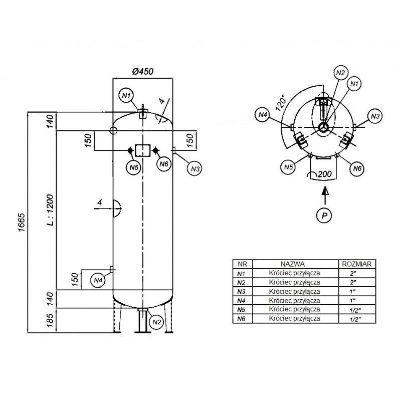 Reservatório vertical de ar comprimido para compressor, 11 bar, 200 L + acessórios