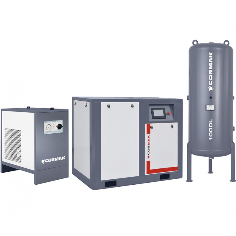 Sprężarka śrubowa z falownikiem THEOR 50 - 37kW - 7000 L/min. + Osuszacz ziębniczy N50S + Zbiornik ciśnieniowy pionowy 1000L