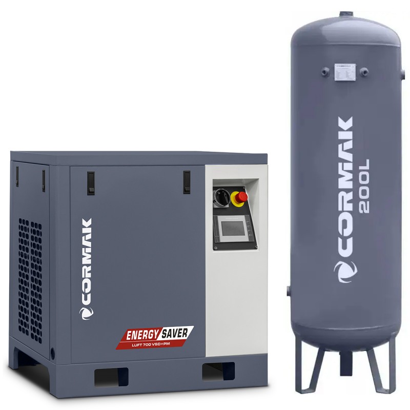 Compressor de parafuso LUFT 700 VSD + PM - 5,5 kW - 650 l/min. + Reservatório de pressão vertical de 200 l
