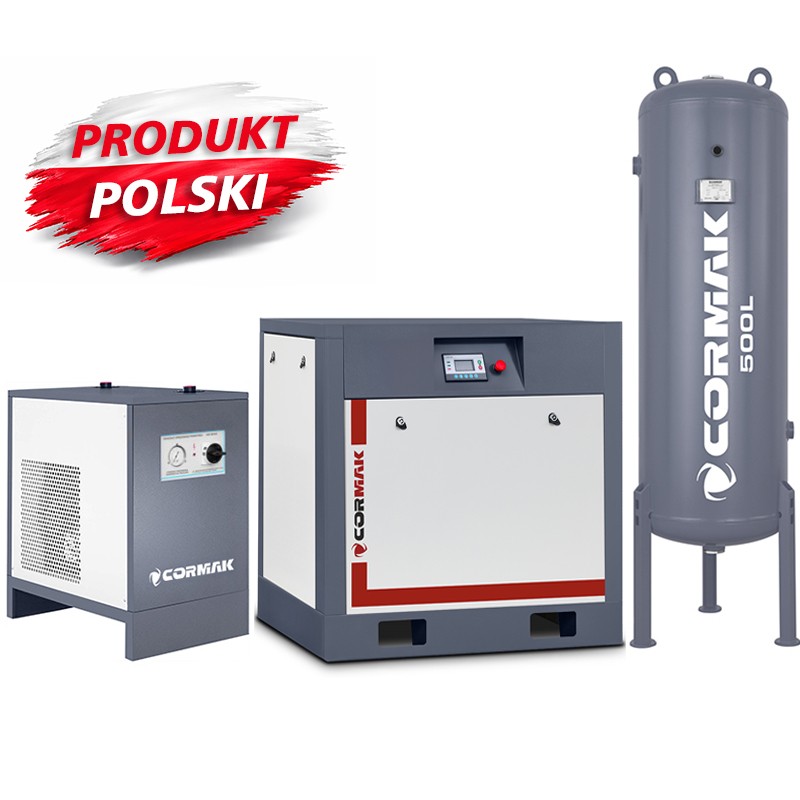 Sprężarka śrubowa THEOR 20 - 15kW - 2000 L/min. + Osuszacz ziębniczy N20S + Butla pionowa na sprężone powietrze 500 L