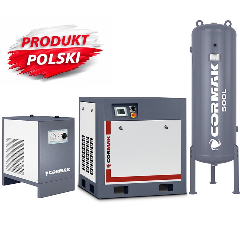 Sprężarka śrubowa z falownikiem THEOR 20 - 15kW - 2000 L/min. + Osuszacz ziębniczy N20S + Zbiornik ciśnieniowy pionowy 500 L