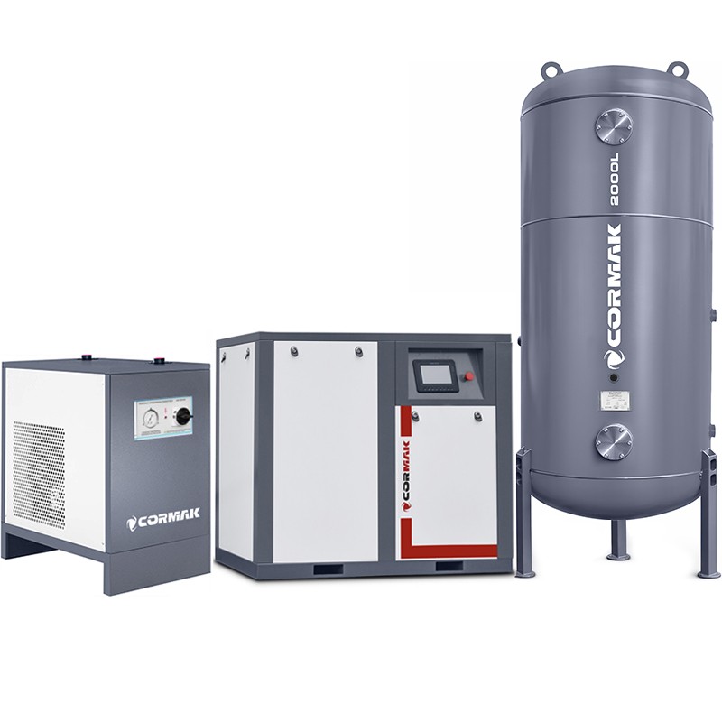Sprężarka śrubowa z falownikiem THEOR 50 - 37kW - 7000 L/min. + Osuszacz ziębniczy N50S + Zbiornik ciśnieniowy pionowy 2000L