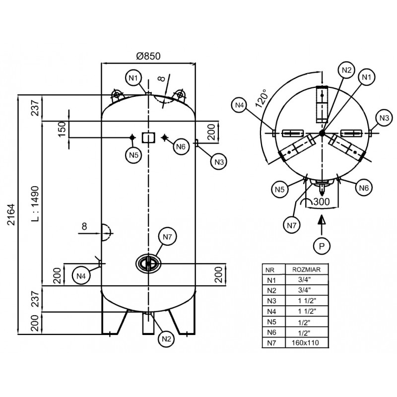 Reservatório vertical de ar comprimido para compressor, 25 bar, 1000 L